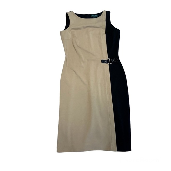 LAUREN Ralph Lauren camel tan brown black sleeveless buckle dress Sz 8 - Picture 6 of 15